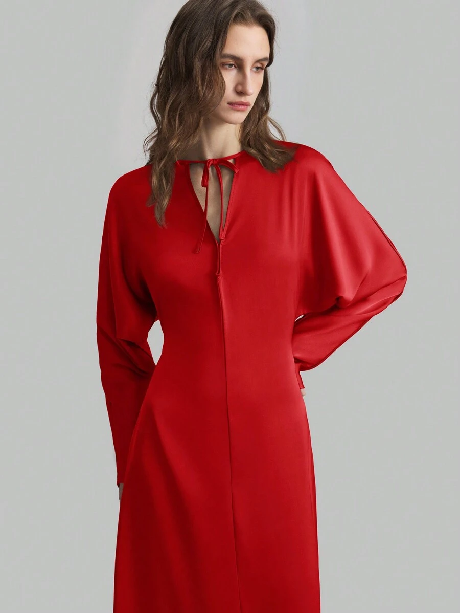 Ontre Poplin Material Women's Dress 2025 New Spring Fashion, Batwing Sleeves Elegant Formal Long Sleeve Tie-Neck Dress In Deep Red, Long Sleeve Satin Formal Gown