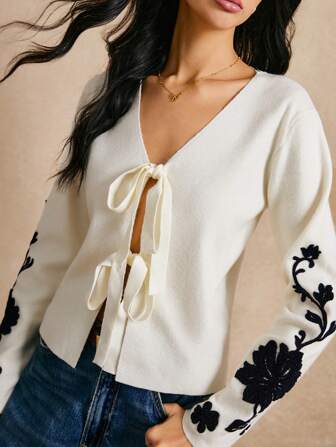 Poéselle 白色女式毛衣，冬季女式毛衣，白色刺绣毛衣开衫，女士休闲提花针织系带开衫，波西米亚风格，温暖舒适，适合日常、街头、通勤、度假、居家等场合穿着