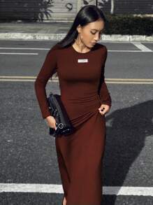 INAWLY Sexy Long Dress, Solid Color, Long Sleeve, Minimalist, Casual Everyday Wear