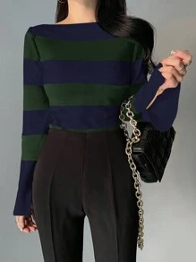DAZY 女款條紋船領喇叭袖修身針織衫，橄欖綠，春/秋季，秋季女裝校園風 - 墨綠色 - 查看 4