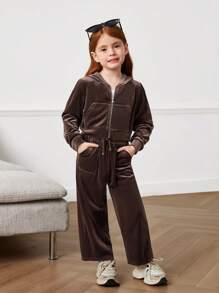 2pcs Set Velvet Hooded Top And Loose Knitted Pants, Street Fashion Style, Chic Girl Christmas Outfit, Suitable For Daily Wear, Mommy And Me Matching Set - Burgundy - View 4