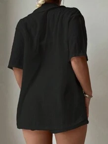 SHEIN Swim Kimono Style Jacket, Random Pleated Fabric Material Summer - Black - View 2