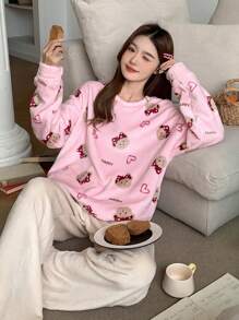 DAZY Cartoon Pattern Flannel Thick Pajama Set - Pink - View 3