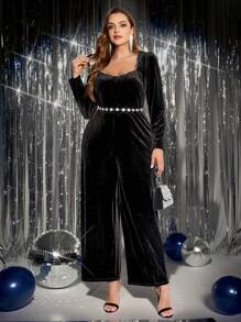 SHEIN Clasi Plus Size Women Party Elegant Black Velvet Sweetheart Neck Chain Rhinestone Decorated Long Sleeve Jumpsuit, Autumn
