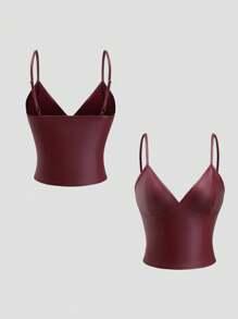 Sweetra 复古优雅仿 PU 涂层 V 领紧身胸衣短款可调节肩带吊带背心 女式 Y2K - 酒紅色 - 查看 7