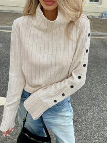 SHEIN Essnce 长袖衬衫女长袖衬衫高领上衣亚麻纽扣衬衫女长袖衬衫女女士秋季条纹长袖纽扣宽松休闲衬衫 - 白色 - 查看 5