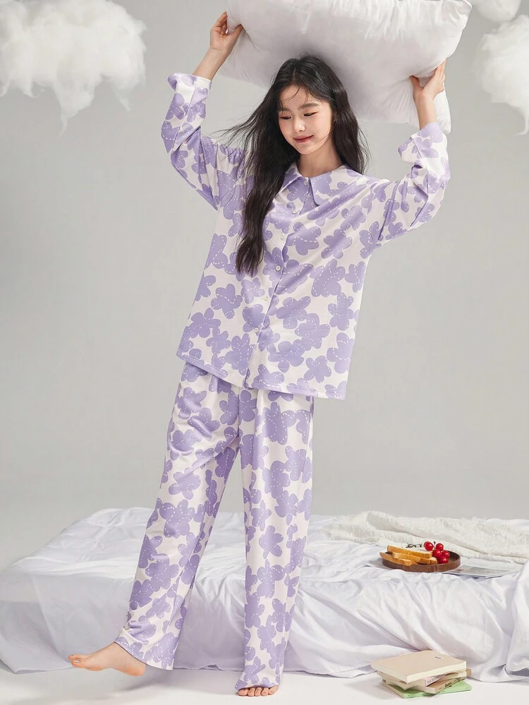 Allover Floral Pattern Print Pajamas Set