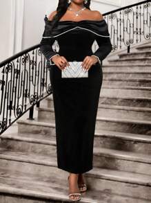 SHEIN Lady Autumn And Winter Elegant Party Wedding Valentine's Day Cocktail Party Concert/Music Festival Black Knitted Velvet Off The Shoulder Straight Tape Embellished Long Long Sleeve Plus Size Dresses Valentine's Day New Year Party Party Dress New Year Eve Dress