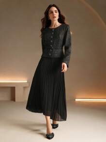 Anewsta Women Long Sleeve Patchwork 2 In 1 Pleated Dress - Black - View 4