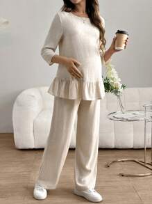 SHEIN Maternity Round Neck Ruffle Hem Sleeveless Top And Pants Two Pieces Set - Apricot - View 5