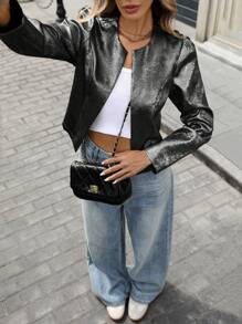 SHEIN LUNE 女士时尚金属泡泡袖长袖夹克，秋季 - 黑色 - 查看 1