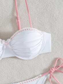 SHEIN Swim بيكيني أبيض قطعتين للنساء مجموعة ذات علوي بانديو وسراويل ربطة بالجانب، ملابس شاطئ بيكيني جميلة - متعدد الألوان - مشاهدة 5