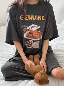 DAZY Oversized Mid-Length Nightgown With American Dessert Print