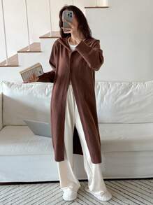 DAZY Winter Minimalist Knitted Hooded Loose Bathrobe Pajama, Cozy Outfit - Brown - View 5