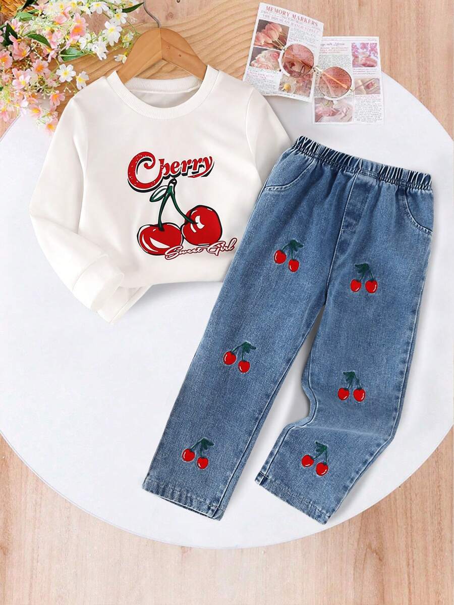 Bộ 2 món quần denim thêu thẳng cạp chun thời trang giản dị ngọt ngào cổ tròn tay dài rộng rãi cho bé gái, mùa thu - trắng - Xem 1