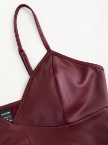 Sweetra 复古优雅仿 PU 涂层 V 领紧身胸衣短款可调节肩带吊带背心 女式 Y2K - 酒紅色 - 查看 4