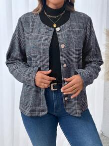 Plus Size Women's Casual Pearl Button Real Pockets Houndstooth Fall Cloth For Women - Multicolor - View 5