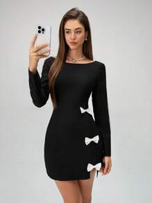 Chiquease 女士休闲时尚圆领长袖纯色连衣裙，配蝴蝶结装饰和开衩下摆 - 黑色 - 查看 6