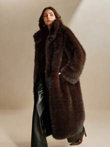 Anewsta New Autumn/Winter Elegant Lady Fox Fur Fake Fur Maxi Coat, Fashion Fluffy Lined Women Long Outerwear - Coffee Brown - View 7