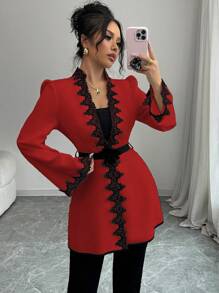 Elenzga Women Regular Fit Jacket With Contrast Color Paneled Floral Lace Waist Detail - Red - View 5