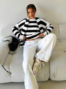 Aloruh Women's Autumn And Winter Sweater, Warm, Casual, Elegant, Business Commuting, Old Money Style, Loose Black And White Striped Knitted Top, Round Neck Long-Sleeved Striped Sweater (Including Scarf )2pce, Daily Wear