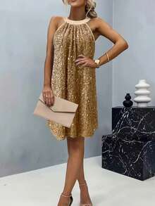 女士优雅浪漫派对金色亮片吊带无袖连衣裙