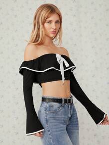 SHEIN EZwear Top con hombros descubiertos, vintage, de estilo dulce, de patchwork, con lazo de Easelle - Negro - Ver 3