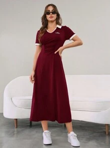 Mulvari 女士休闲撞色修腰短袖连衣裙 - 酒紅色 - 查看 3