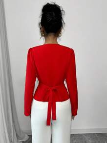 Elenzga Women's Beaded Ruched Puff Sleeve Red Blouse - Red - View 2