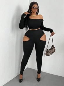 Maweii Plus Size Solid Color Laser Cut Stylish Leggings - Black - View 2