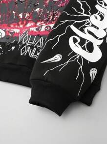 ROMWE MEN Street Life Sudadera suelta con capucha con estampado de letras y labios para hombres, otoño/invierno