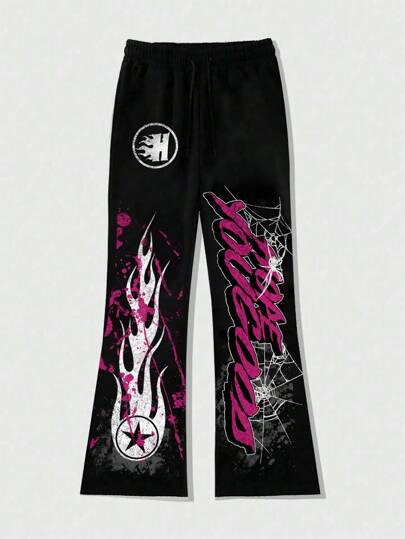 Pantalon de survêtement évasé pour hommes avec cordon de serrage à la taille et imprimé bicolore