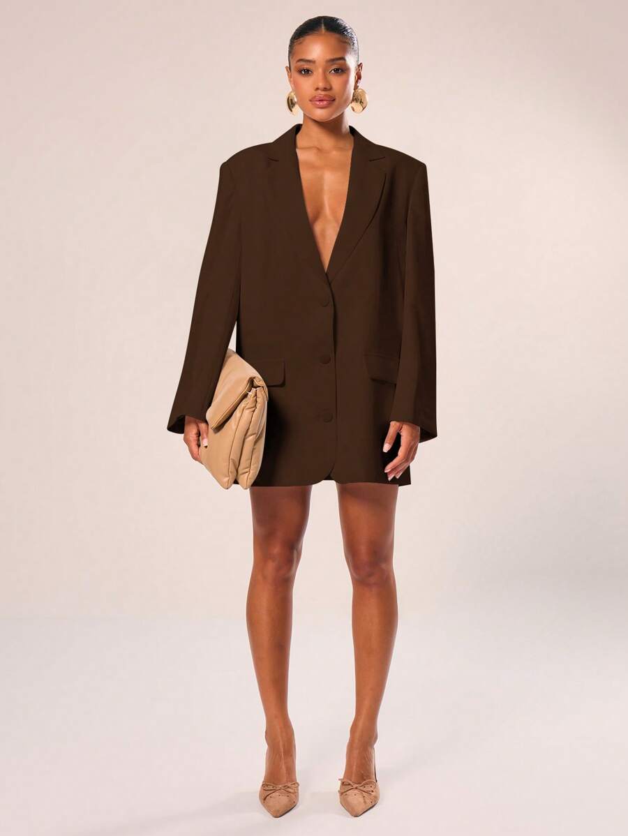 MUSERA 修身宽松西装裙，翻领单排扣，优雅专业，商务休闲，适合度假、工作、办公室、约会、外出、返校、婚礼宾客等场合，棕色系可爱派对情人节春季款 - 咖啡棕 - 查看 1