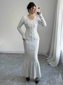 Elenzga Đầm Maxi thanh lịch dài tay kẻ caro viền đuôi cá thời trang thu đông cho nữ - Nhiều màu - Xem 1