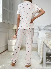 Conjunto de pijama informal blanco con estampado de corazones
