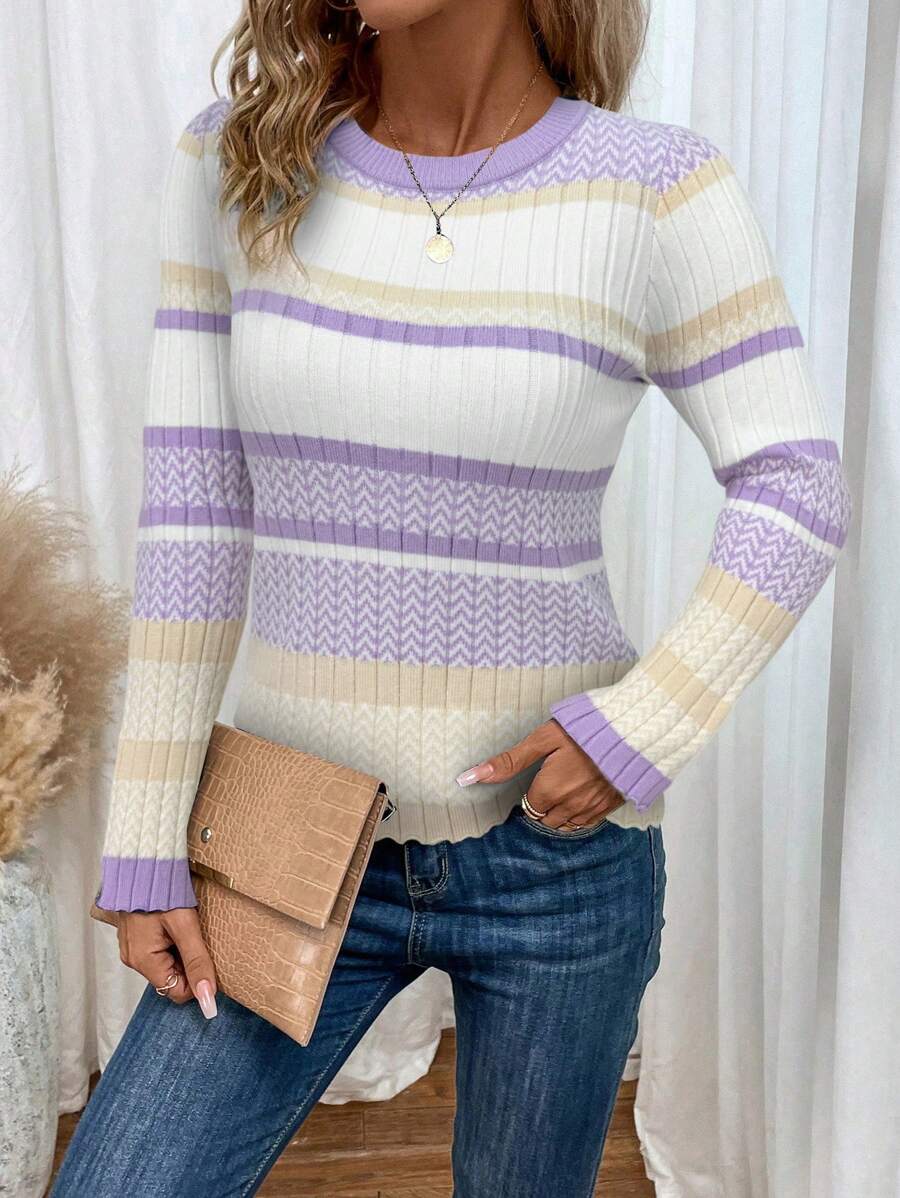 SHEIN LUNE Áo len dệt kim bó sát sọc màu tương phản, thường ngày cho mùa thu/đông - Nhiều màu - Xem 1