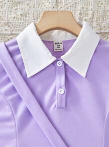 Vestido de sudadera con bloque de color, cuello de camisa y pliegues para niñas preadolescentes, sudadera de estilo escolar con bolso