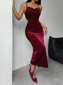 Chiquease Wine-Red Velvet Cowl Neck Spaghetti Strap Open Back Tie-Up Crop Waist Elegant Bodycon Dress For Women Velvet Dress - Burgundy - View 5
