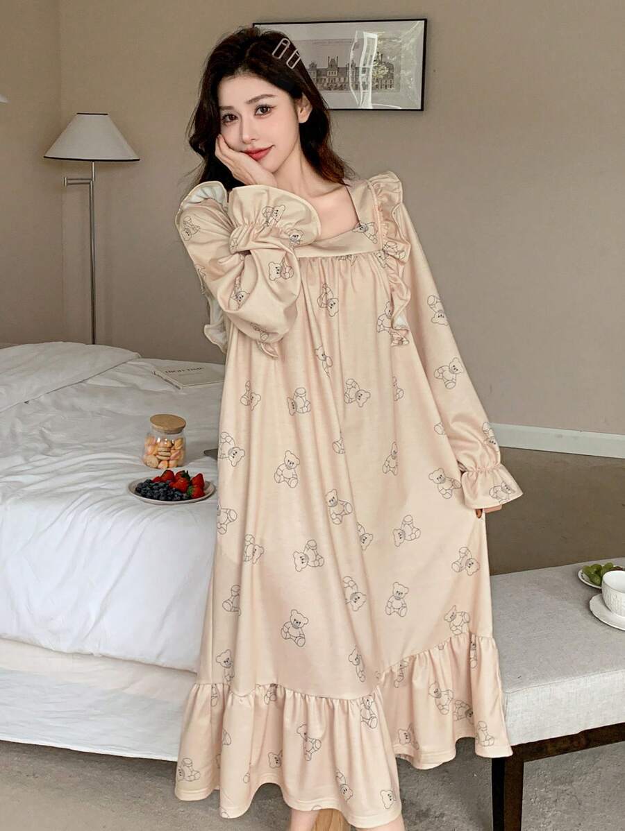 DAZY 泰迪熊印花荷叶边下摆宽松睡衣睡袍