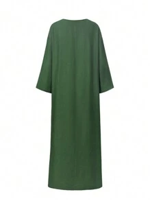 Casual Straight Solid Color Deep V-Neck Slit Pocket Dress For Women - Army Green - View 2