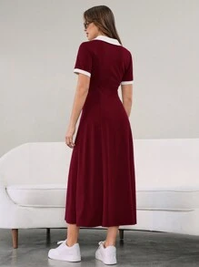 Mulvari 女士休闲撞色修腰短袖连衣裙 - 酒紅色 - 查看 9