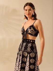 CAJUNI Women's Black Boho Tropical Hibiscus & Coconut Tree Print, Rabbit Ear Tie Front Cropped Camisole Tank Top, Casual Beach Vacation, Summer - Multicolor - View 3