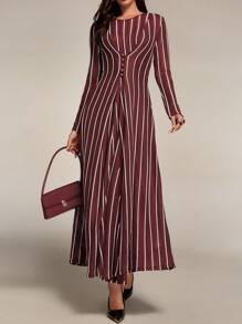 Modelyn Women's Elegant Commuter Striped Waist Dress Long Evening Dresses - Burgundy - View 2