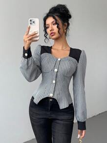SHEIN Unity 女士秋冬休闲优雅通勤粗花呢拼布长袖短款衬衫 - 彩色 - 查看 3