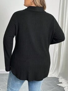 SHEIN CURVE+ Plus Size Women's Black Polo Collar Fitted Long Sleeve Casual Basic Polo Shirt-C