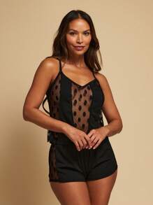 TryMe Comfortable Dot Mesh And Silky Cami And Mini Shorts Set - Black - View 4