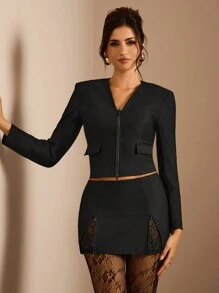 Glamine Traje de 2 piezas estilo oficina en negro, chaqueta de manga larga corta y ajustada con cremallera y falda mini de tela acanalada con bajo dividido, un estilo sencillo y sexy apto para uso diario en la oficina o citas