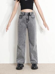 SHEIN TWEEN GIRL All-Match Casual Contemporary Street Style Snowflake Distressed Waist Elastic Waistband 5-Pocket Skinny Fit Straight Leg Jeans, All-Year Versatile And Fashionable Denim Essential