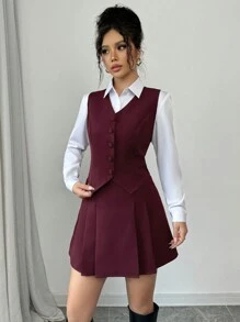 Elenzga Solid Color Sleeveless Vest & A-Line Pleated Skirt Suit