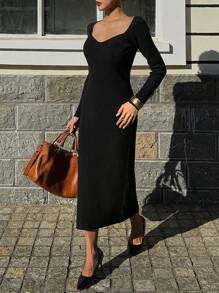 DAZY 1 件女式中长修身小黑裙针织鸡尾酒会礼服，秋季服装女式毛衣裙 - 黑色 - 查看 1